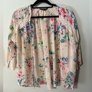 Express Floral Kimono Cardigan with crochet/lace accents